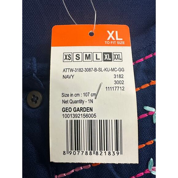 Ateesa Navy Blue Long Strip Embroidery Short Sleeve A-Line Tunic Dress Womens XL - Picture 6 of 8